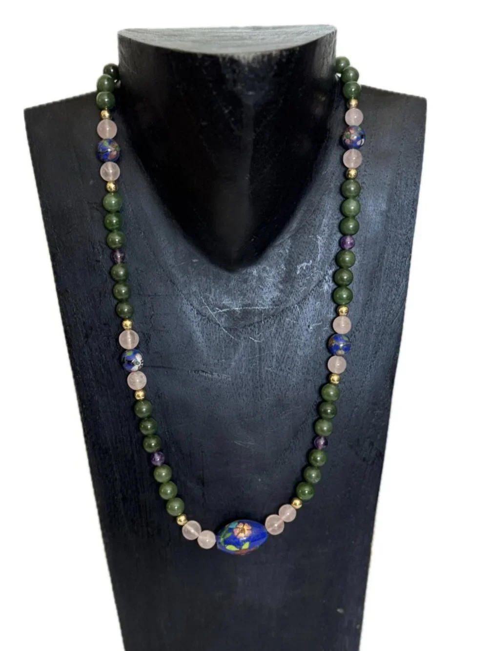 Necklace Jade Beads with Enamel Cloisonne, Rose Quartz, Amethyst and Gold 22